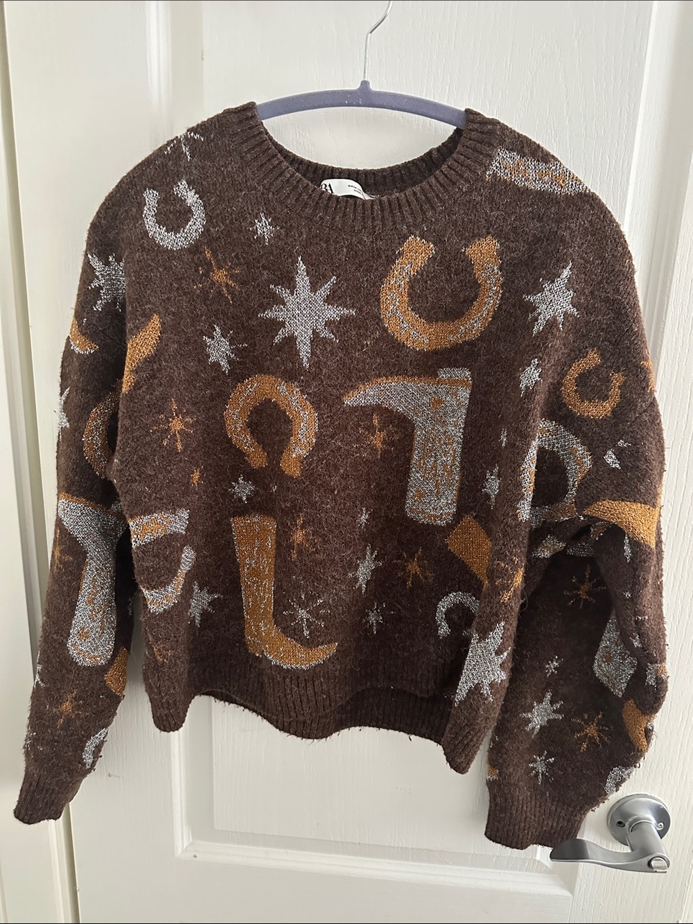 Zara Brown Metallic Star & Horseshoe Crewneck Sweater